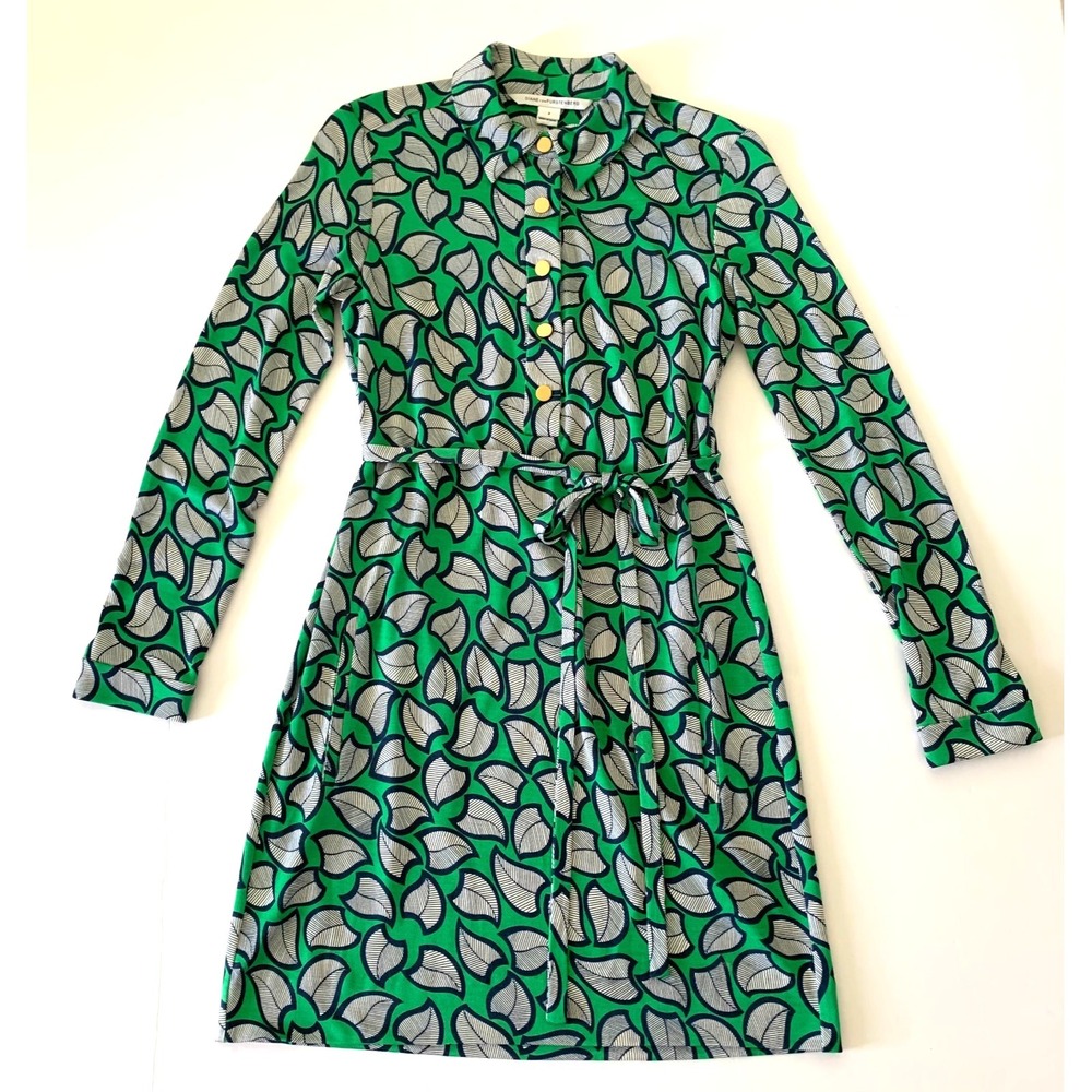 Diane von Furstenberg DVF Leanna Silk Jersey Belted Mini Shirt Dress 2 0 Leaf